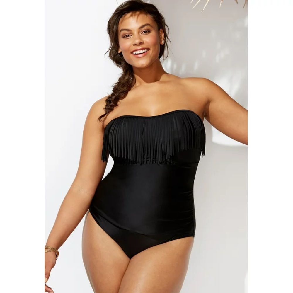 NWT Swimsuits for All black fringe bandeau one piece swimsuit Sz 26